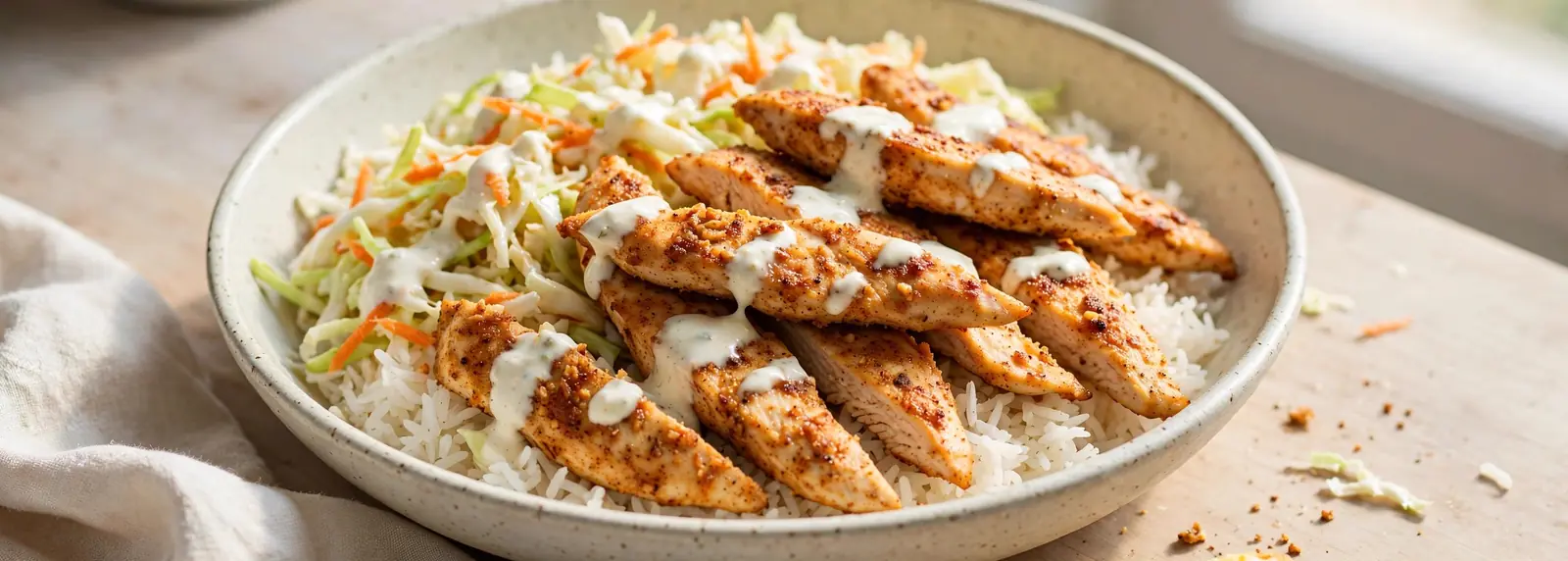 Chicken fillet roll bowls with slaw and rice