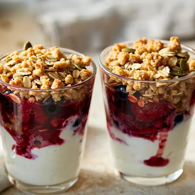 Pots of warm berries topped with oat crumble