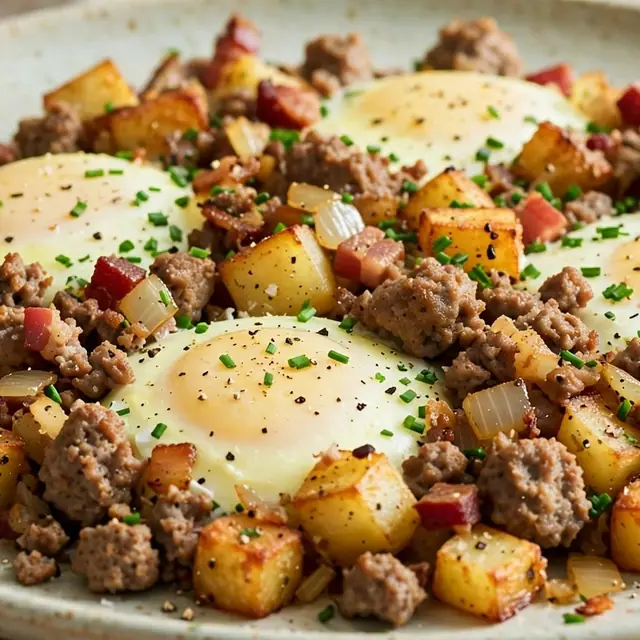 A pan of potato hash with sausage, bacon and a fried egg