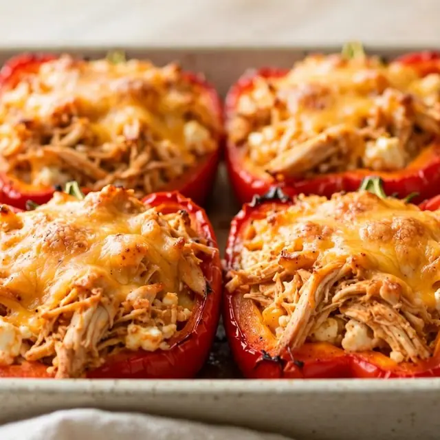 Four red peppers stuffed with shredded buffalo chicken and melted cheese