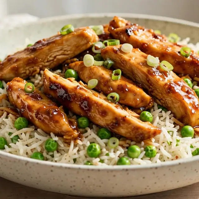 Sticky chilli chicken served over rice in a bowl