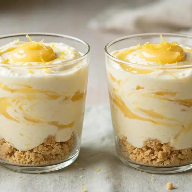 Lemon curd and yoghurt cheesecake cups on a biscuit base
