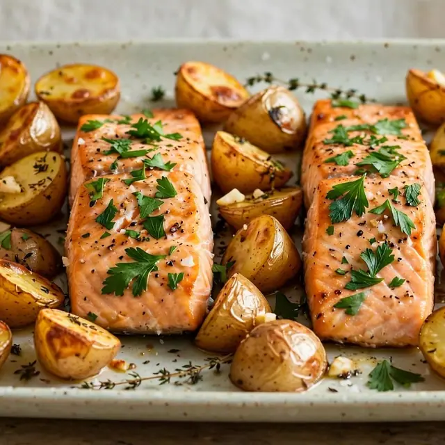 Salmon fillets with fresh herbs and roasted baby potatoes on a tray