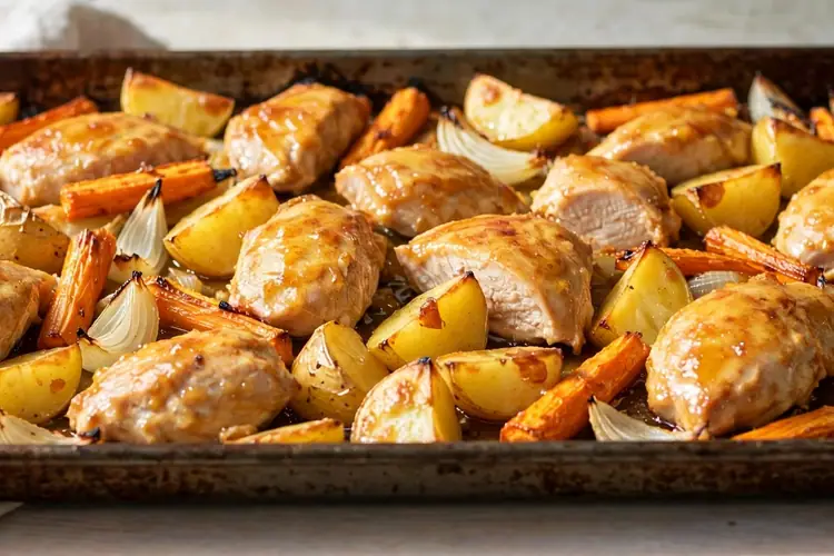 Honey mustard chicken traybake with roast potatoes, carrots and onions