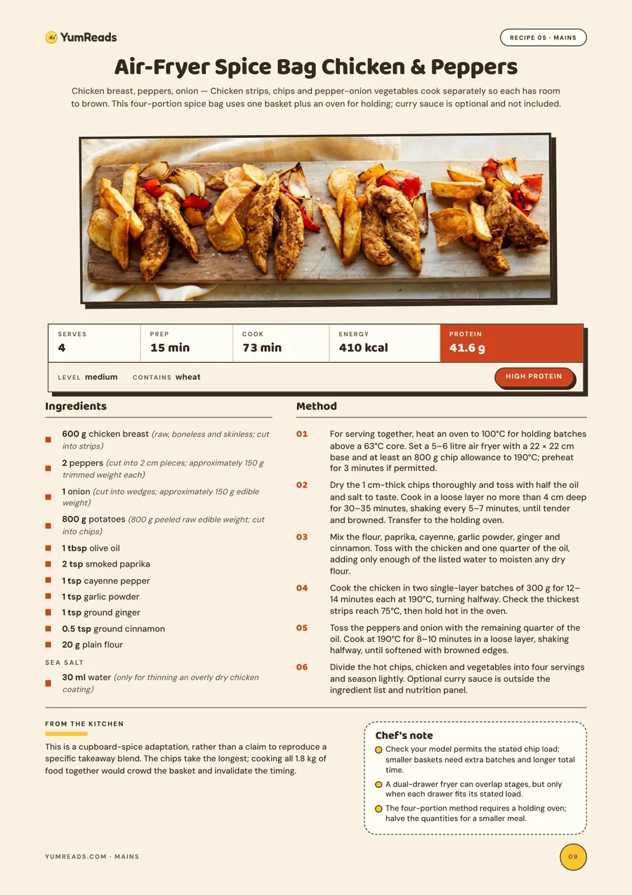 Recipe page from the Air Fryer Cookbook: Air-Fryer Spice Bag Chicken and Peppers, with picture, calories, protein, allergens, ingredients and method steps