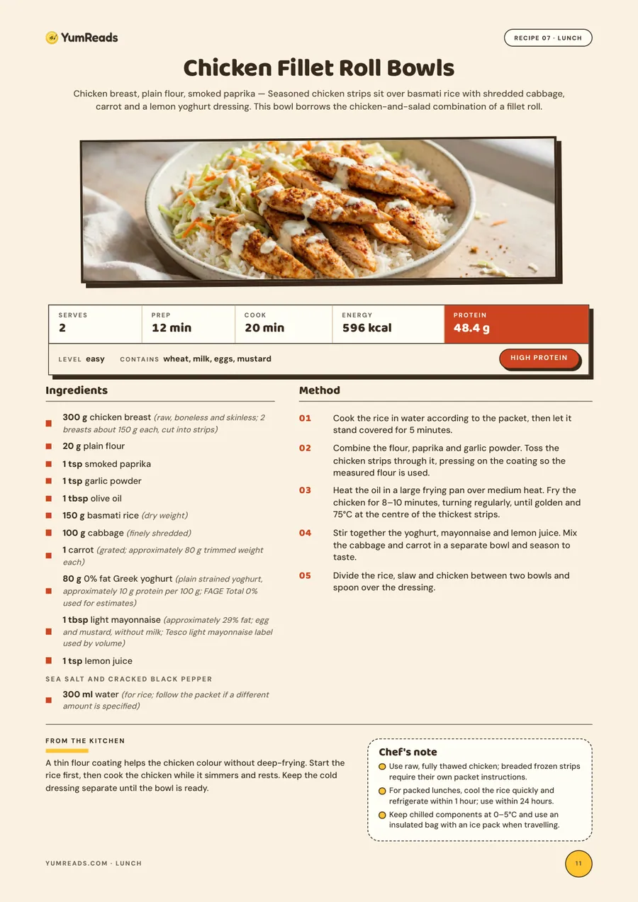 Recipe page from the Everyday Cookbook: Chicken Fillet Roll Bowls, with picture, serves, prep and cook time, calories, protein, allergens, ingredients in grams and method steps