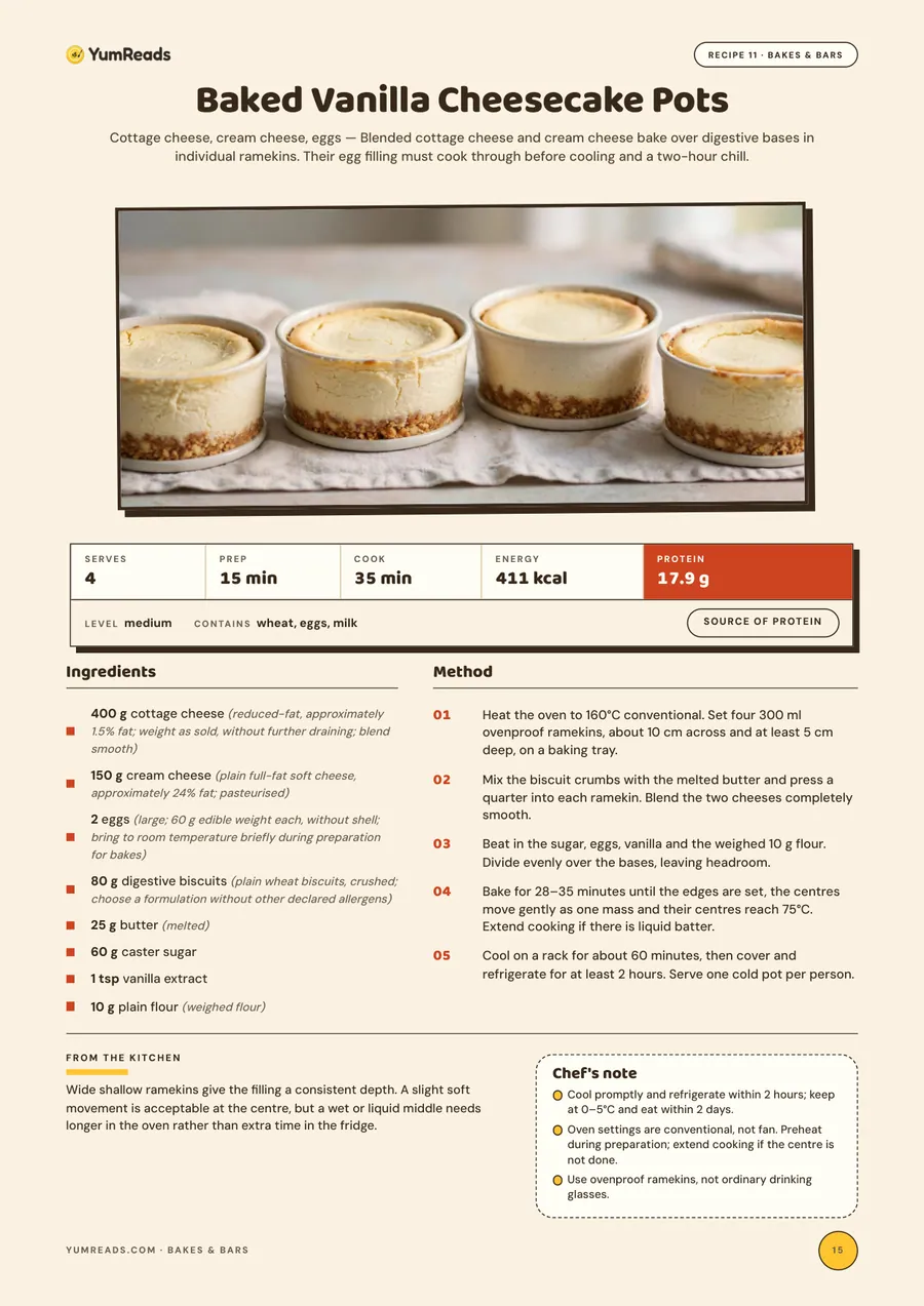 Recipe page from the Sweet Sides cookbook: Baked Vanilla Cheesecake Pots, with picture, calories, protein, allergens, ingredients and method steps